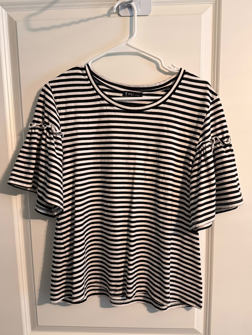 Very J Black and White Striped Flutter Sleeve Tee